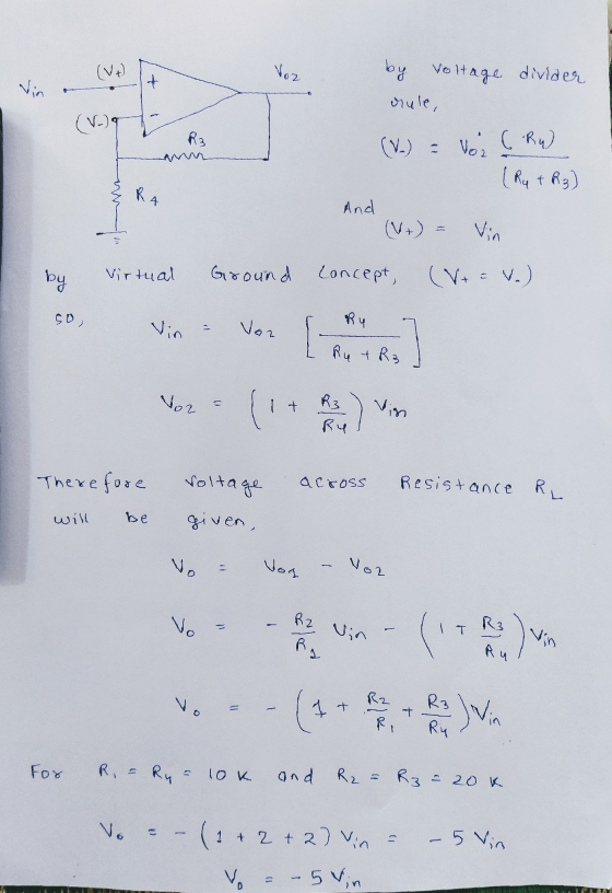 (V+) Voz Vin t. (V)9 by Voltage divider drule, - Voz ( Ru) Rut R₃) R3 (V.) R And - Vin by Virtual Ground Concept, (V+ = V.) s