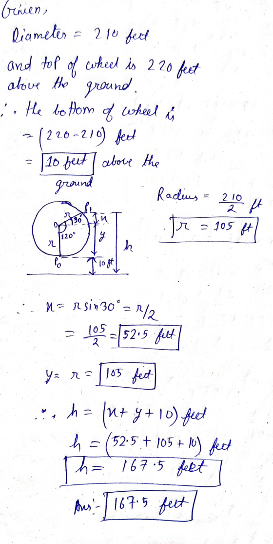 brinen, Diameter = 210 feet and top of wheel is 220 feet above the ground. :. the bottom of wheel ů -220-210) feet 10 feet ab