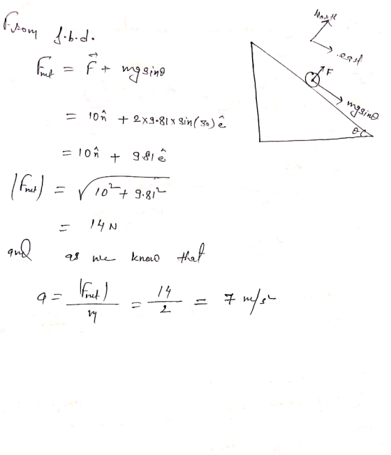 Firom dobila .e94 - Find = 8 + mggine D mgsino = 10 ñ + 2x9.81% Bin( 30) ê = 10 ñt 9.81 | Find) = 10 + 9.87 and as we know th