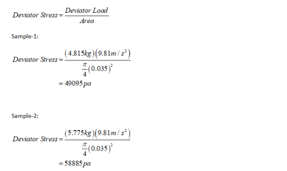 Deviator Stress Deviator Load Area Sample-1: T (4.815kg) (9.81m/s2) Deviator Stress = (0.035) = 49095 pa 4 = Sample-2: Deviat