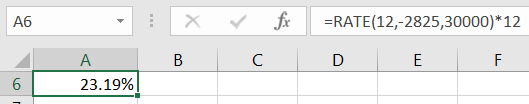 A6 x =RATE(12,-2825,30000)*12 B C D E F A 23.19% 6 LO