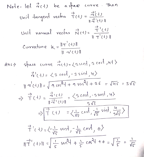 curve Then . Note- let &ct) be a space Unit tangent recforo fet) = acts || (4) || unit normal vector Ñ ct) = ct 11 T(+) 11