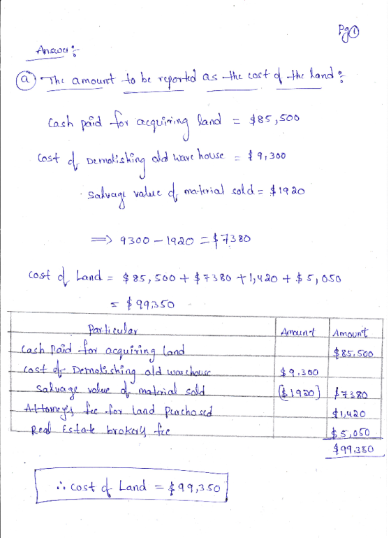P70 Answoice os a) The amount to be reported as the cost of the land o Cash paid for acquiring land = 485,500 Cost of Demalis