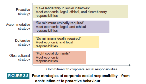 Take leadership in social initiatives Meet economic, legal, ethical, and discretionary responsibilities Do minimum ethicall