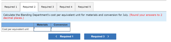 Required 1 Required 2 Required 3 Required 4 Required 5 Calculate the Blending Departments cost per equivalent unit for mater