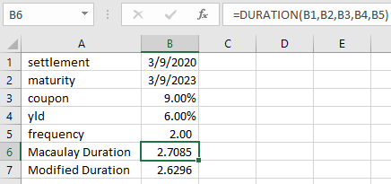 X fx =DURATION(B1,B2,B3,B4,B5) B settlement 2 maturity 3 coupon 4 yld 5 frequency 6 Macaulay Duration 7 Modified Duration 3/9