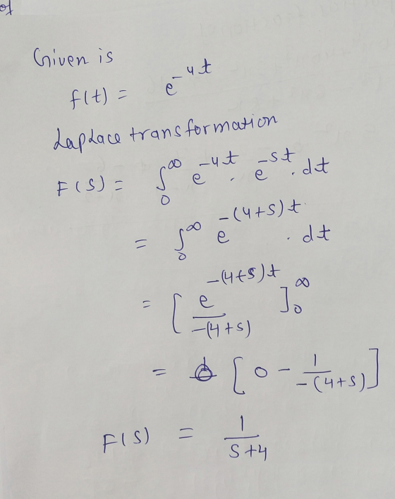 Given is e ut f(t) = Laplace transformation -ut -st F (S)= o e adat -(4+5)t so .dt -(4+5)t e = D. 3 e -14+5) 1 = & Co -(4+5)