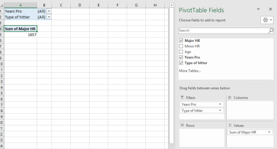 C D E F G H - B (All) (All) 1 Years Pro 2 Type of hitter Pivot Table Fields Choose fields to add to report: 3 4 Sum of Major