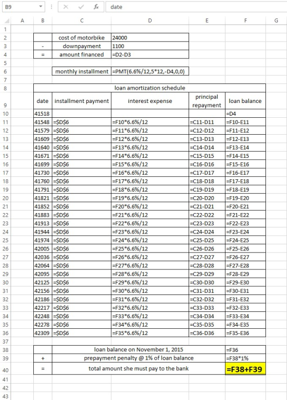 B9 date A. cost of motorbike 24000 downpayment 1100 amount financed =D2-D3 4 %3D monthly installment =PMT(6.6%/12,5*12,-D4,0,
