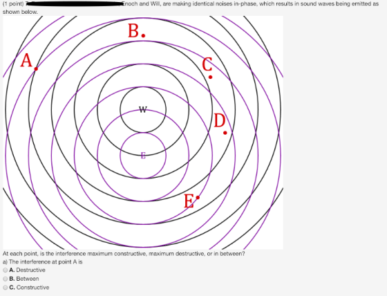 (1 point)noch and Will, are making identical noises in-phase, which results in sound waves being emitted as shown below B. At each point, is the interference maximum constructive, maximum destructive, or in between? a) The interference at point A is A. Destructive B. Between C. Constructive