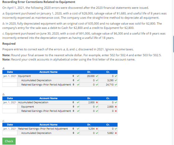 Recording Error Corrections Related to Equipment On April 1, 2021, the following 2020 errors were discovered after the 2020 f