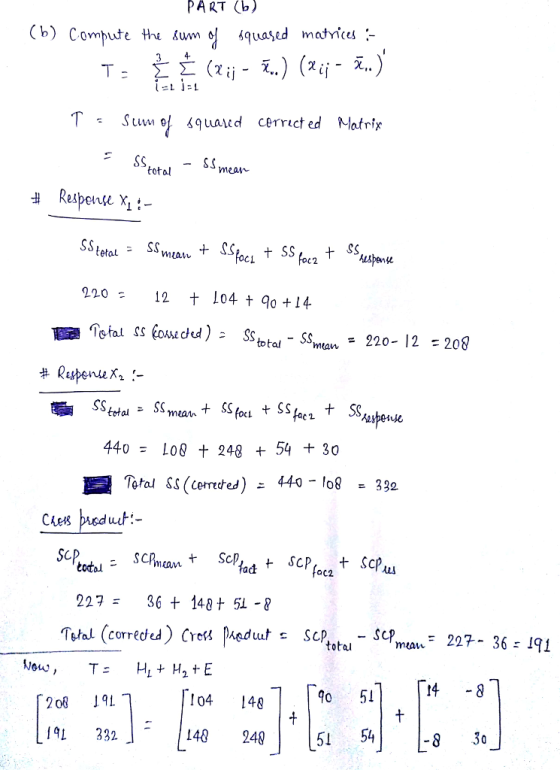 PART (b) 4- totol mean tetal - mtan 22012 t 104 t o 14 total-SSman = 220-12-208 440L08 248 54 30 MaM totol aC2 227 = 36 + 140