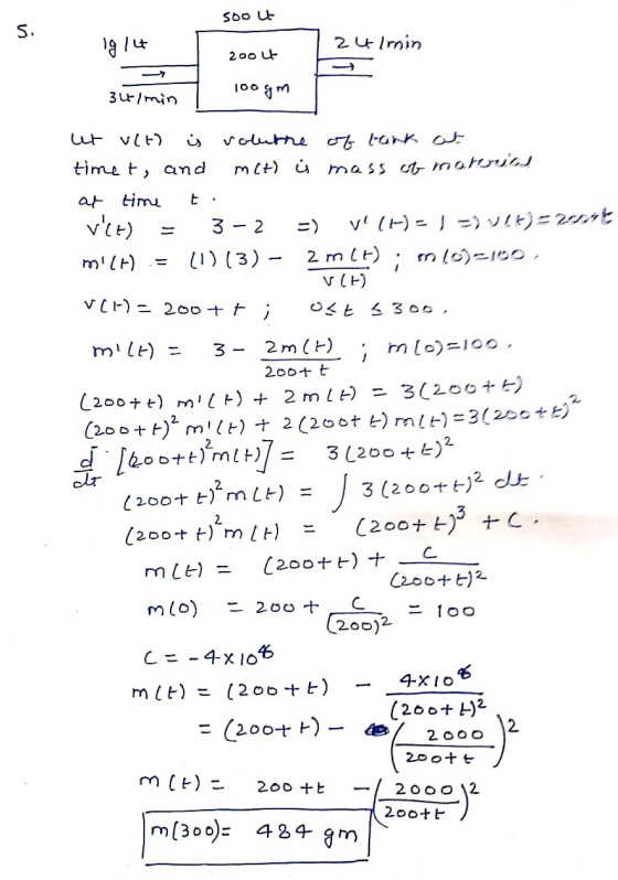 soolt 1914 Tzulmin 2oolt 100gm 3Lt/min ut ult) is volutne of tark at timet, and mct) û mass of martua at time to vit) = 3-2 =