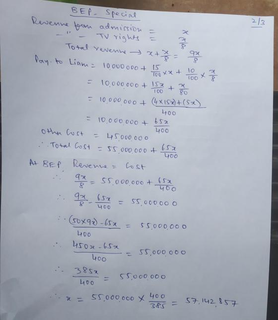 Ele BEP - Special Revenue from admission TV rights Total revenue xxx 층 Pay to Liam= 10.000.000 + 15 رع = 92 que Tooxxt to TOO