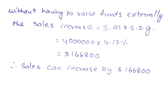 without having to raise funds externally the sales increase asimas.sog. pas 4000000 x 40170%. i sales $166800 increase by $ 1
