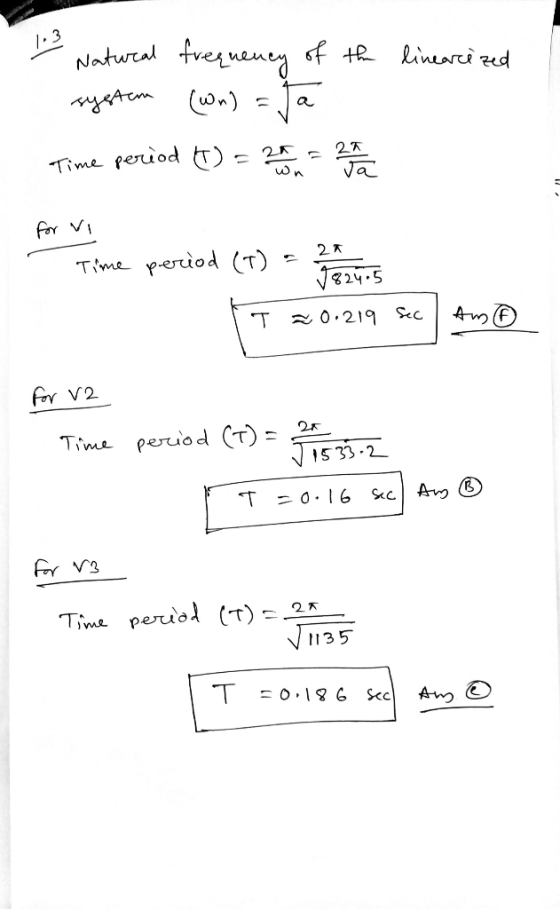 1-3 linearized Natural frequency of the system (wn) = Ja Time period (t) = 20 = 2 2 2 for vi Time period (t) = Jezus T 20.219