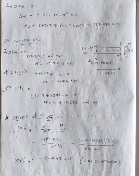 Sfx = 0 Ax- f cos 33.690 = 0 Ax = 143-707 Cos 33-690)! = 119-572 kips At Section His 119.572kys Ax I EFX =0 119.572 +N 20 NF