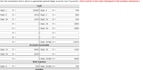 nter the transactions shown above in appropriate general ledger accounts (use T-accounts). (Post entries in the order display