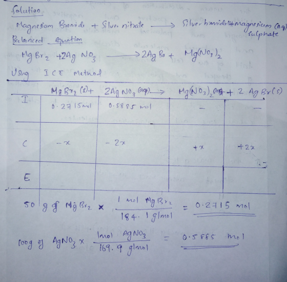 solution with te Magnesium Bronide & Silver nitrate - Silver hanside of magnesium can e sulphate Balanced equation Mg Bra + 2