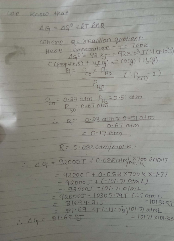 we know that AG = AGO RT ena cohere = reaction quotient Hene Temperature = I= 700K AGO = 92 KJ 922103J (²1 kJ= 1035) c cgraph