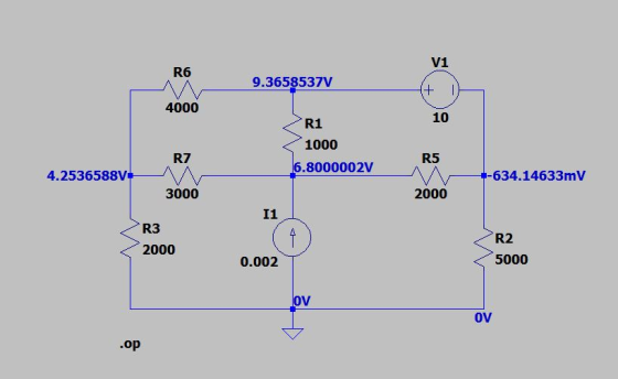 V1 R6 9.3658537V 4000 10 R1 1000 R7 R5 8000002V 4.2536588V 634.14633mV 3000 2000 I1 R3 R2 2000 5000 0.002 0V ov .op