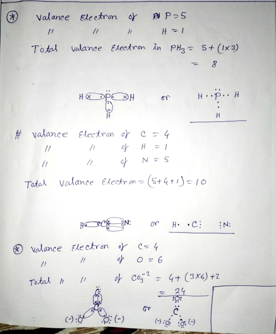 * Valance Electron of PI P.5 11 Il H =) Total valance Electron in PH₂=5+(183) 8 Н. H H.P.H H H valance Electron of c = 4 // 아