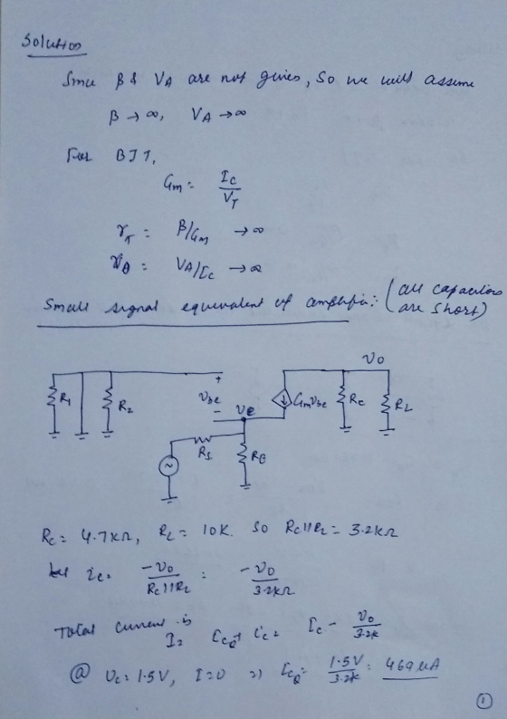 Solution Sinu gives, so we wils assume ß & VA are not ß 0 VA 0 Peel B71, & Vo Blam Valcea au capacitors are Small signal equi