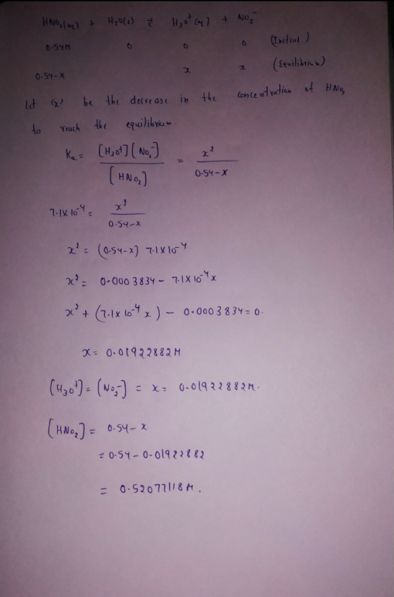 0-S4M HNO (4) + H₂O(1) ě Hoot Gel + No (Initial 0.54-2 a 2 (Equilibrium) Let & be the decrease in the concentration of HNO to