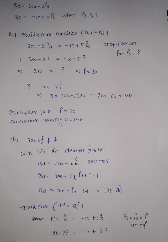 Qd = 200 - 2 Pd Qs = lot sps when Ps >,2. (a) equilibrium condition (ad=as I 200-2 Pd = -105PS at equilibrium Pa = Ps =P - 20