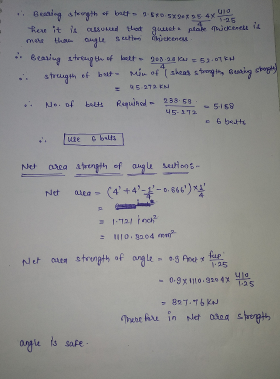 2 1.25 e. Bearing stoungth of balt 2.5x0.5x20x 25.4x U10 Los here it is assumed that gusset e plate thickeness is more than a