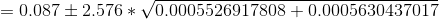 =0.087\pm2.576*\sqrt{0.0005526917808+0.0005630437017}