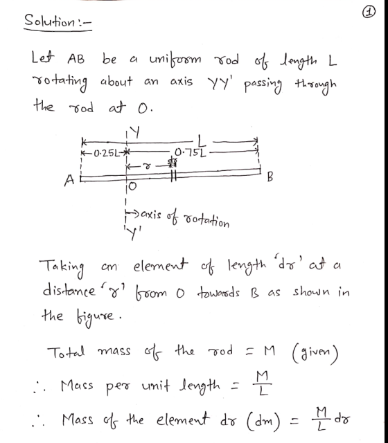 Solution:- Let AB be a uniform rod of length L rotating about an axis YY passing through the rod at O. Y -0.25* 07= - B - ax