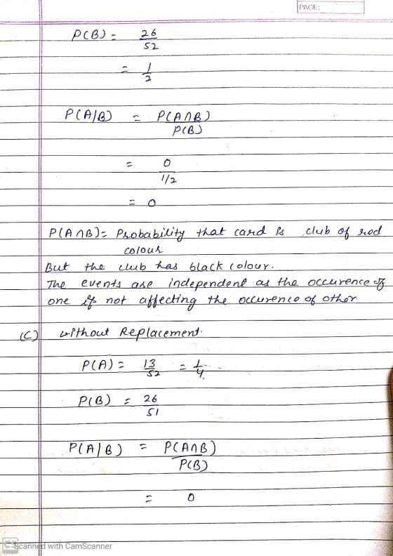 PAGE: PCB) = 20 52 P(A/B - PLANB) PCB) 772 I PLANB) = Probability that card is club of red colour But the club has black colo