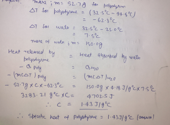 mars ; m= 52.79 for polystyren OT for polystyrene - (32.5°C - 94.8°C) = – 62.3°C OT for water = 32.5°C - 25.0°C = 7.5°C mars