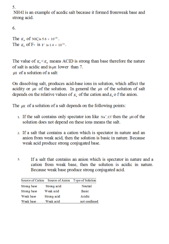 NH4I is an example of acedic salt because it formed fromweak base and strong acid. 6. The K, of NH is 5.6 x 10-10. The K, of