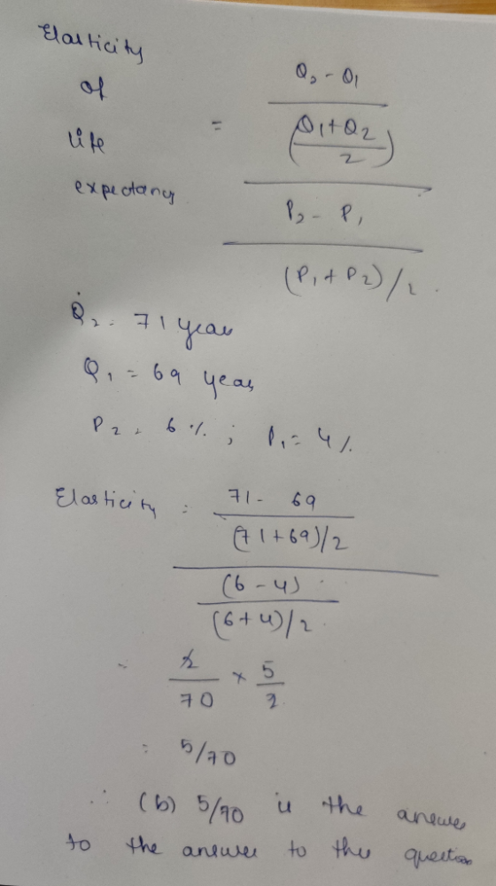 Elasticity Qora life Aitoz expectany BP, (P,+P2)/2 Q2.71 year 8. = 69 year B 6 %; li24% Elasticity : 71 69 A 1+69)/2 (6-4 . (