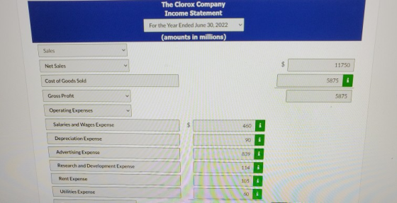 The Clorox Company Income Statement For the Year Ended June 30, 2022 (amounts in millions) Sales Net Sales $ 11750 Cost of Go