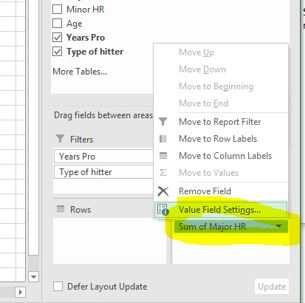Minor HR Age Years Pro Type of hitter More Tables... Drag fields between areas * Y Y Filters Years Pro Type of hitter Σ X Mov