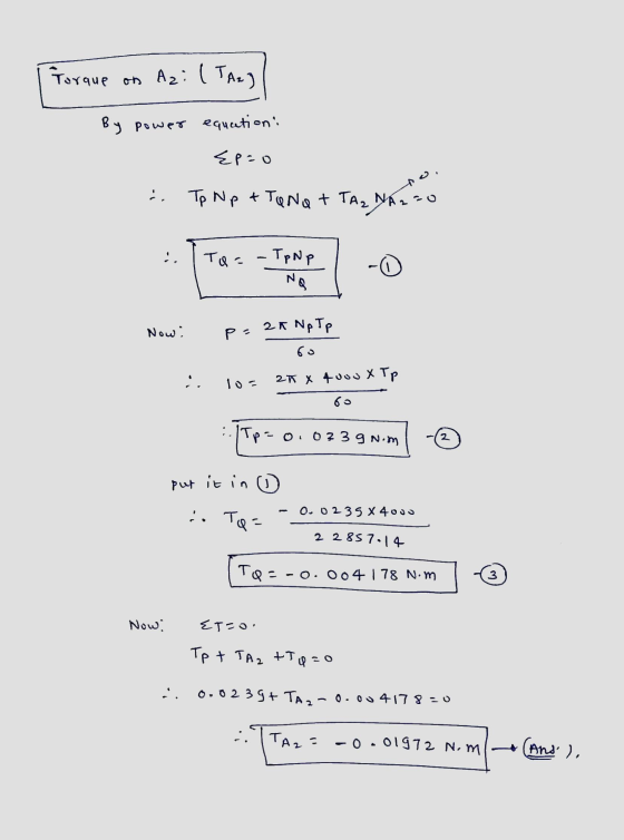 Forque on Az:(Taey By power equation: Epso Tp Np +TQNa + TA₂ NA TAZ NA :. - Taa TpNp -0 NQ Now : 2 a NpTp pa 60 :. 10- 25 X t