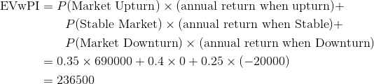 \begin{align*} \text{EVwPI}&=P(\text{Market Upturn})\times (\text{annual return when upturn})+\\ &\qquad P(\text{Stable Market})\times (\text{annual return when Stable})+\\ &\qquad P(\text{Market Downturn})\times (\text{annual return when Downturn})\\ &=0.35\times 690000+0.4\times 0+0.25\times (-20000)\\ &=236500 \end{align*}