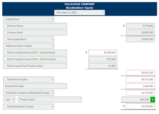 WILDHORSE COMPANY Stockholders Equity December 31, 2021 Capital Stock Preferred Stock 3,774,000 Common Stock 10,085,500 Tota