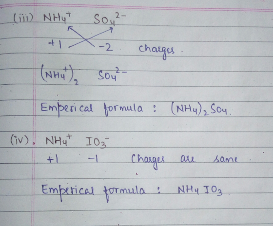 ( Nhyt Sou? +1 -2 charges (NH4) Sout- Emberical formula : (NH4)2SO4. (iv), NHut 103 +1 -1 Charges are same Empirical formula