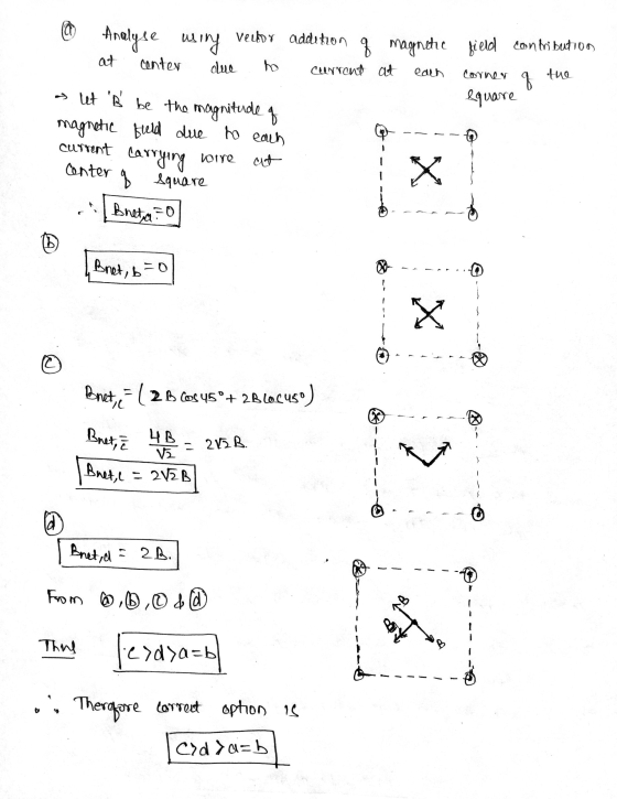 equare ( Analyse wing vellor addition of magnetic field contribution - at center due to current at each corner q the a let B