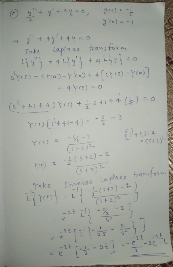 y+y +4y=0 yeo) = -1 4 yco)=-1 Take 2 =0 - y + +y+4y=0 Laplace transform L}% } +42}y} +4hz4} s}(s)-stol-yl) + 4 [5725)