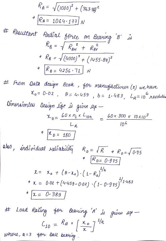 RAE (1000)* + (363.94? RA= 1064.177 N # Resultant Radial souce on Bearing B is RB = f Ron + Rov + R$ =(4000) + (1455.88)? R