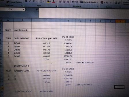 Fun CASE 1 investment A PV0F CASH FLOWS YEAR CASH INFLOWS py FACTOR @17.41% 24500 224500 324300 24500 05 24500 0.8517 0.7254 0.6178 0.5262 0.4482 TOTAL 20866.65 4 20980.96 NpV- 77647.91445800-x) INVESTMENT B PV OF CASH FLOWS X10.6605 /0.4362 1.09578 YEAR CASH INFLOWS PV FACTOR es,14% 04362 TOTAL NPV. 1.0967 45B00 EQUATING BOTH
