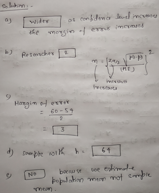 solution: aj Wider as confidence level increases the morgin of error increases b) Researcher 2 2 pli-p} 2012 IME) increases i