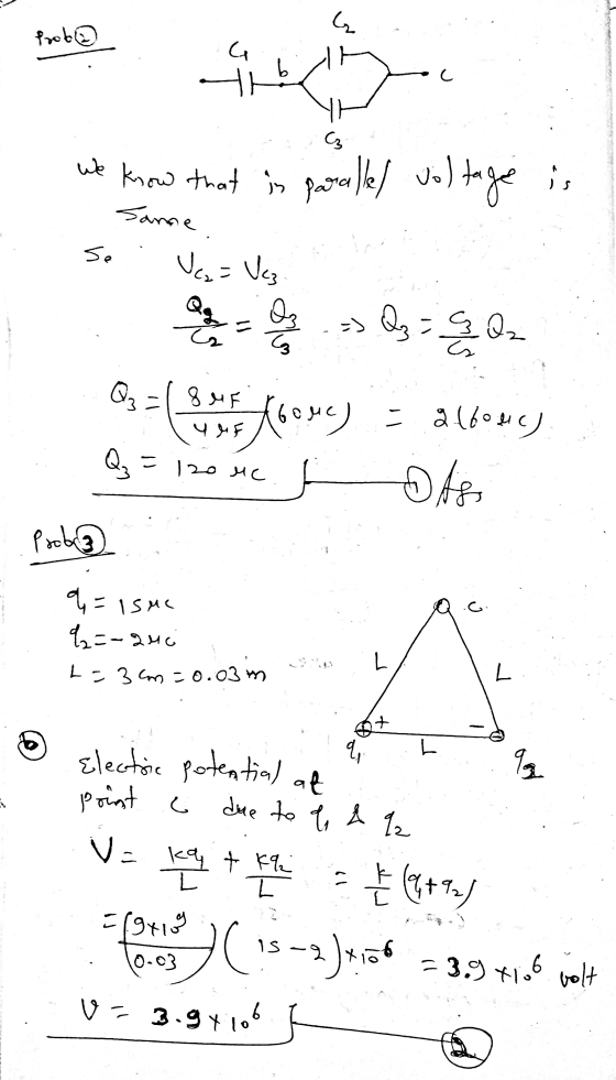 G Prot G tib G We know that is parallel voltage is ta is Janne Ug = Vez Se => Q3 = 9 Q Es Qiz 8 MF Y eF too 604) Q = 120 mc