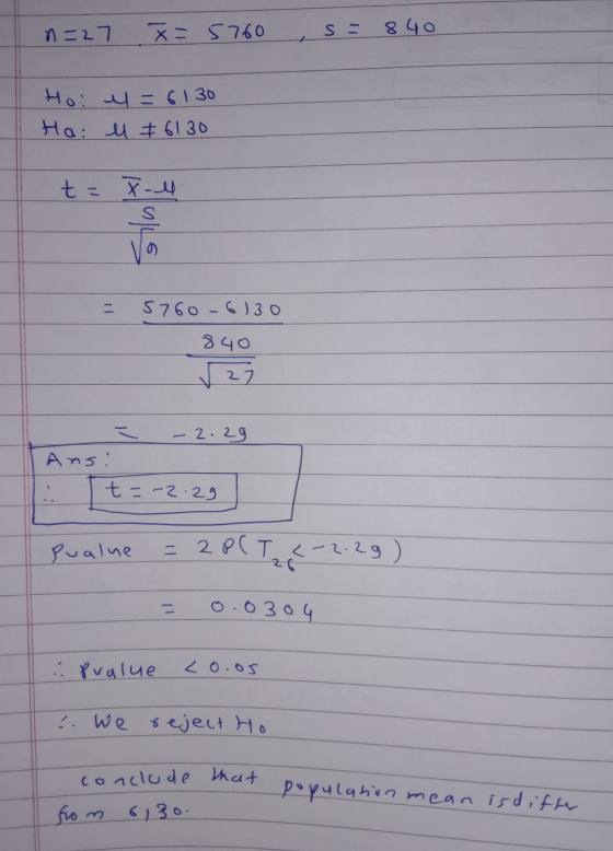 n= 27 X= 5760 s = 840 7 Ho: M=6130 Hai lu #6130 t= 7-4 - 5760-6130 840 27 = - 2.29 Ans: t = -2.29 qualue = 2P(Tz (-2.29) 26 -