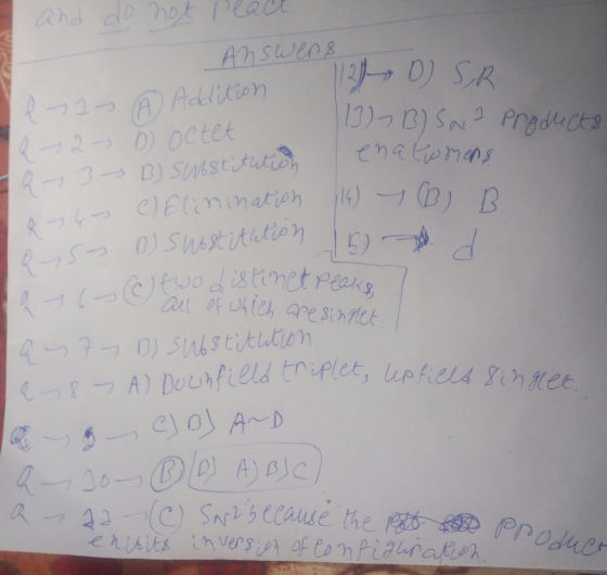 12D) SB 13-B) Sa. 2 Products l I - and do not react. Answers A Addition 2-250 octet - Q - 3 - B) Substitution enatwomens o 4